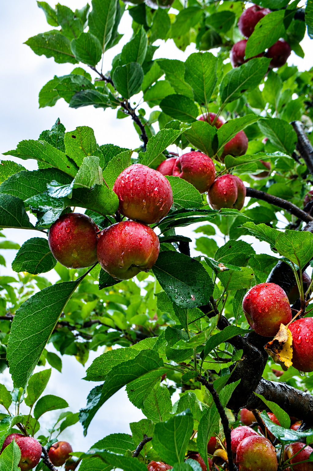Fresh red golden apples growing on an apple tree with green leaves and raindrops